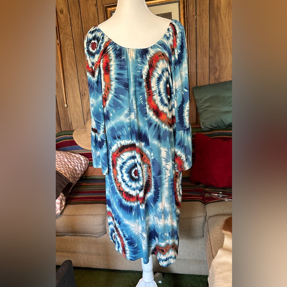 MOA USA Blue, White & Red Bell Sleeve Flowy Shirt Dress, 3X